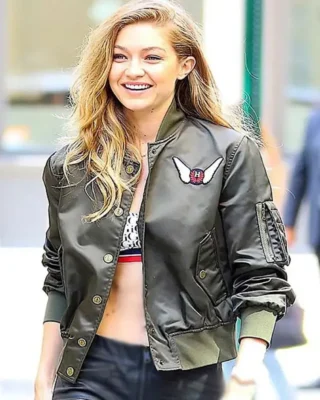 gigi hadid embroidered bomber satin jacket front