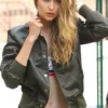 Gigi Hadid Embroidered Bomber Satin Jacket Front View