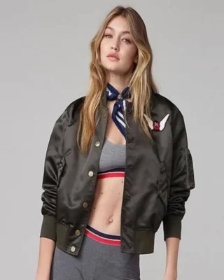 gigi hadid embroidered bomber satin jacket wearing front