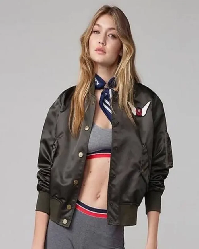 Gigi Hadid Embroidered Bomber Satin Jacket Wearing Front