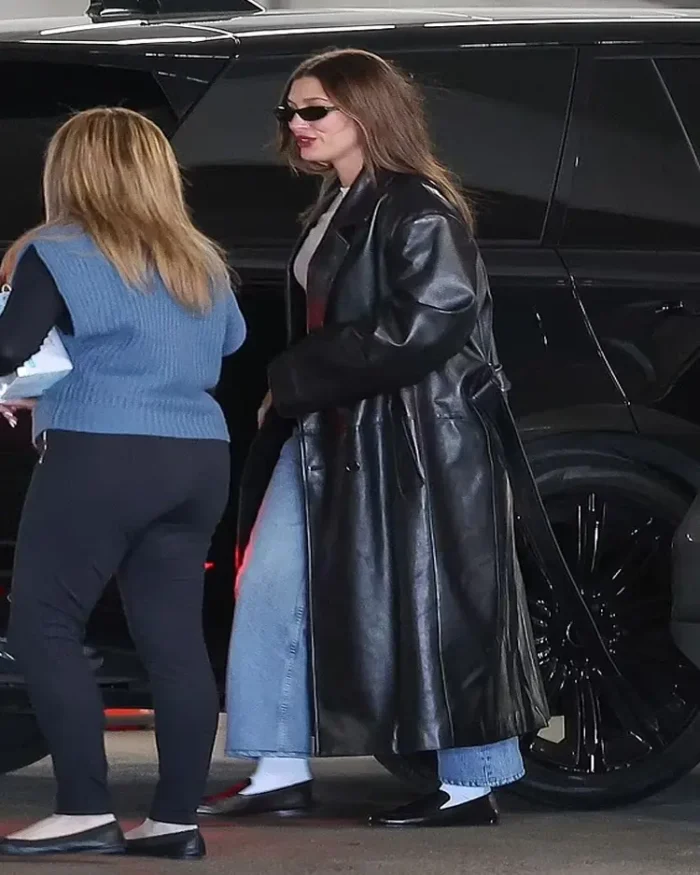 Hailey Bieber Long Leather Coat Front