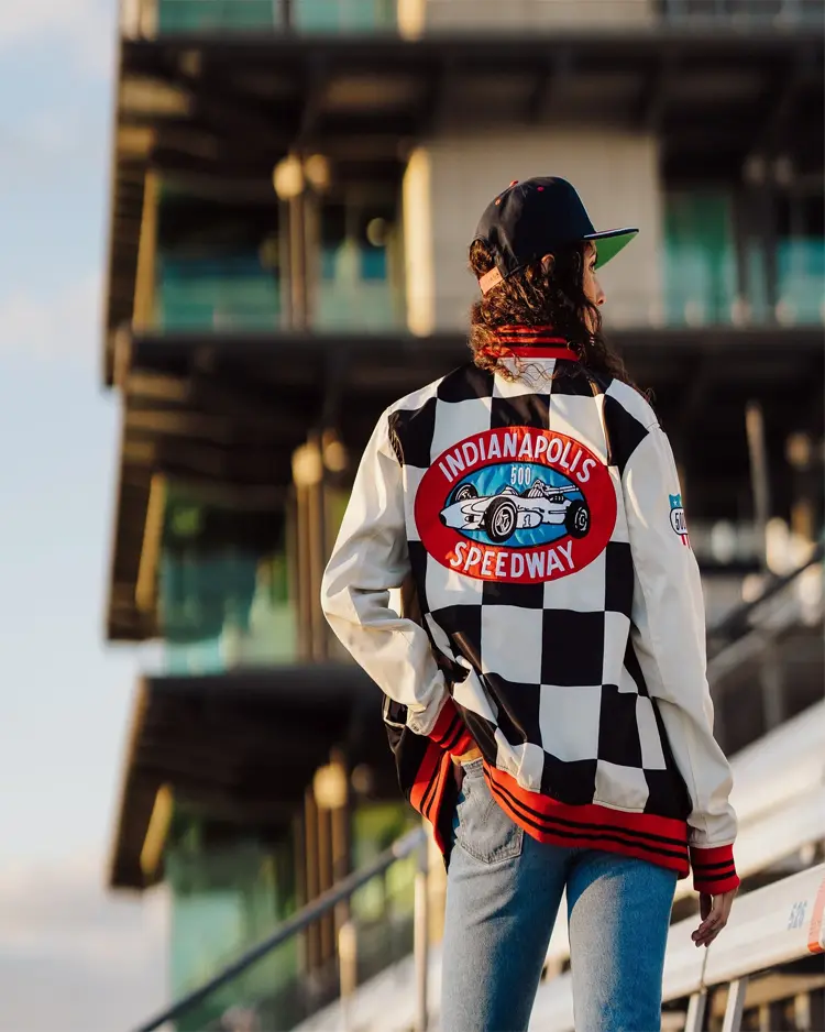 indy 500 checkered flag bomber jacket back