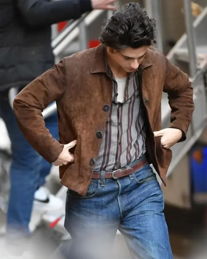 A Complete Unknown Timothée Chalamet Distressed Jacket Front Open Look