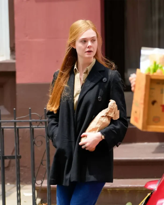 A Complete Unknown Elle Fanning Black Trench Coat Front Look