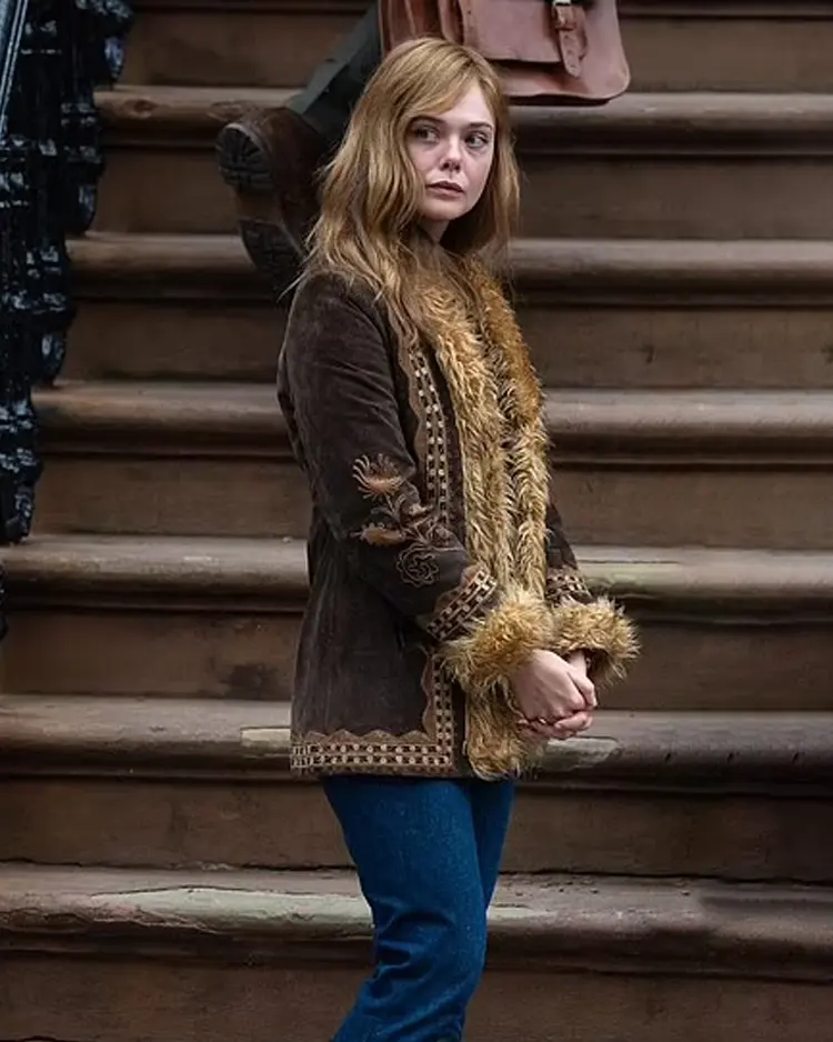 A Complete Unknown Elle Fanning Fur Jacket Right Side Look