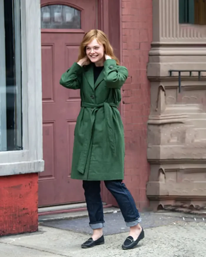 A Complete Unknown Elle Fanning Green Long Coat Front Look