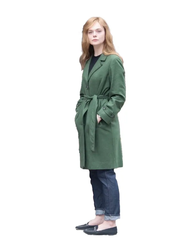 A Complete Unknown Elle Fanning Green Long Coat Front Side Look