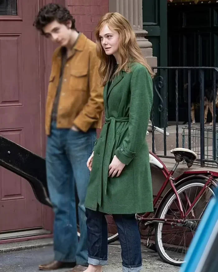 A Complete Unknown Elle Fanning Green Long Coat Side And Front View