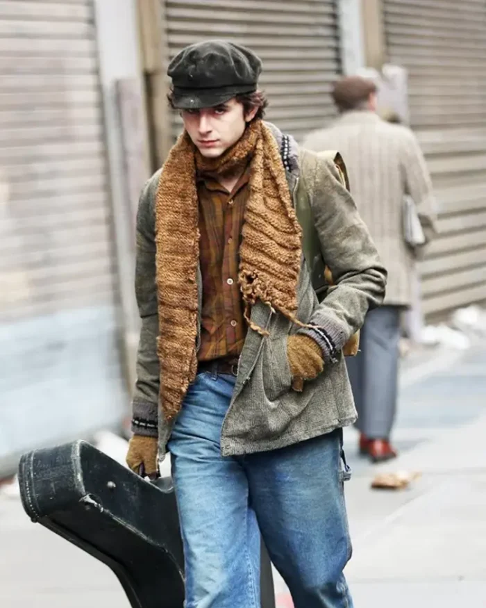 A Complete Unknown Timothee Chalamet Green Jacket Front View