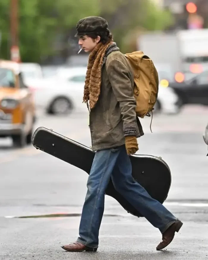 A Complete Unknown Timothee Chalamet Green Jacket Left Side Look