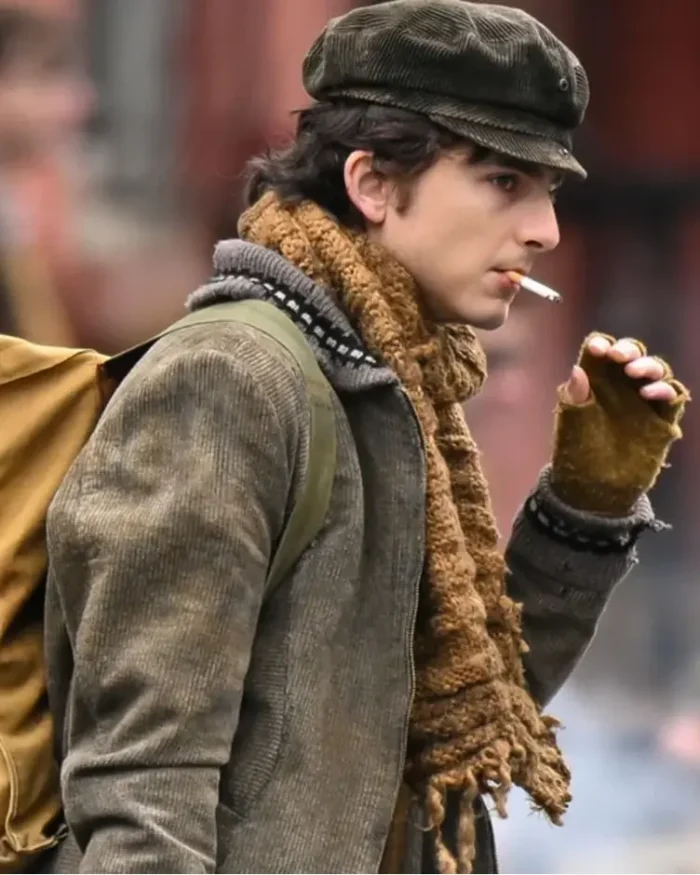 A Complete Unknown Timothee Chalamet Green Jacket Right Side Zoomed View