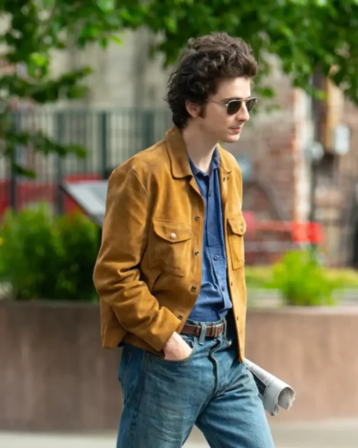 A Complete Unknown Timothee Chalamet Suede Jacket Side Look