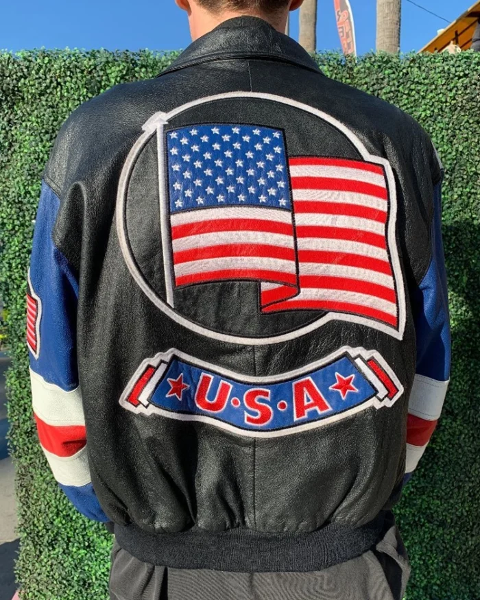 Black And Blue American Flag Usa Leather Bomber Jacket