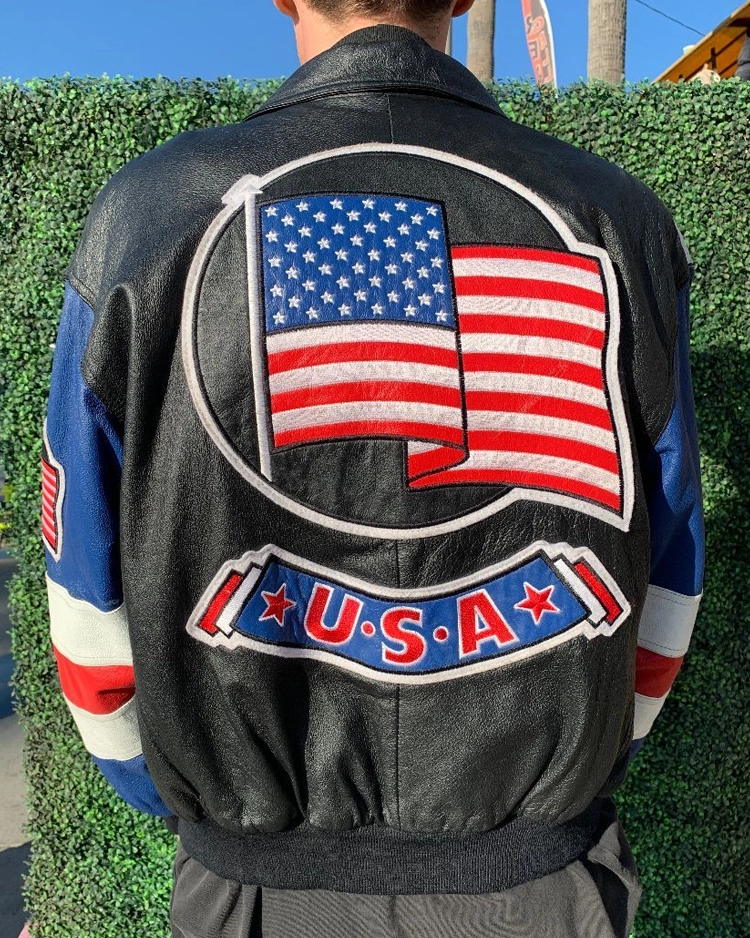 Black and Blue American Flag USA Leather Bomber Jacket