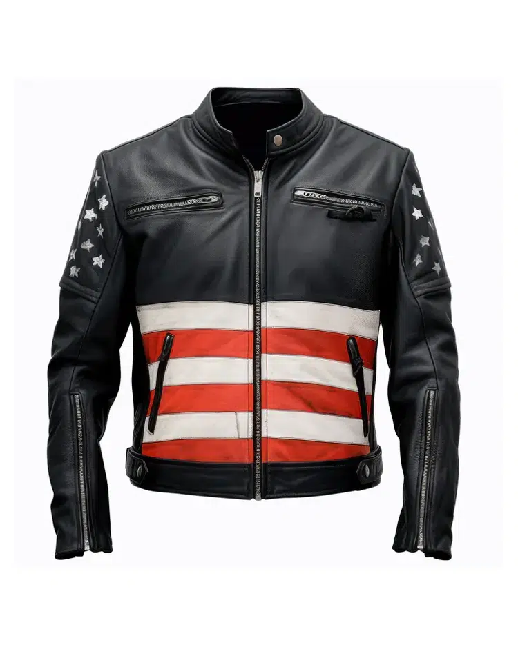 Mens American Flag Black Zipper Leather Jackets