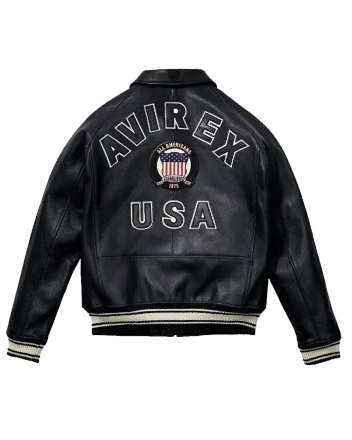 Avirex American Flight Basket Ball Bomber Leather Jackets Black Back