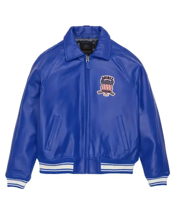 Avirex American Flight Basket Ball Bomber Leather Jackets Blue Front