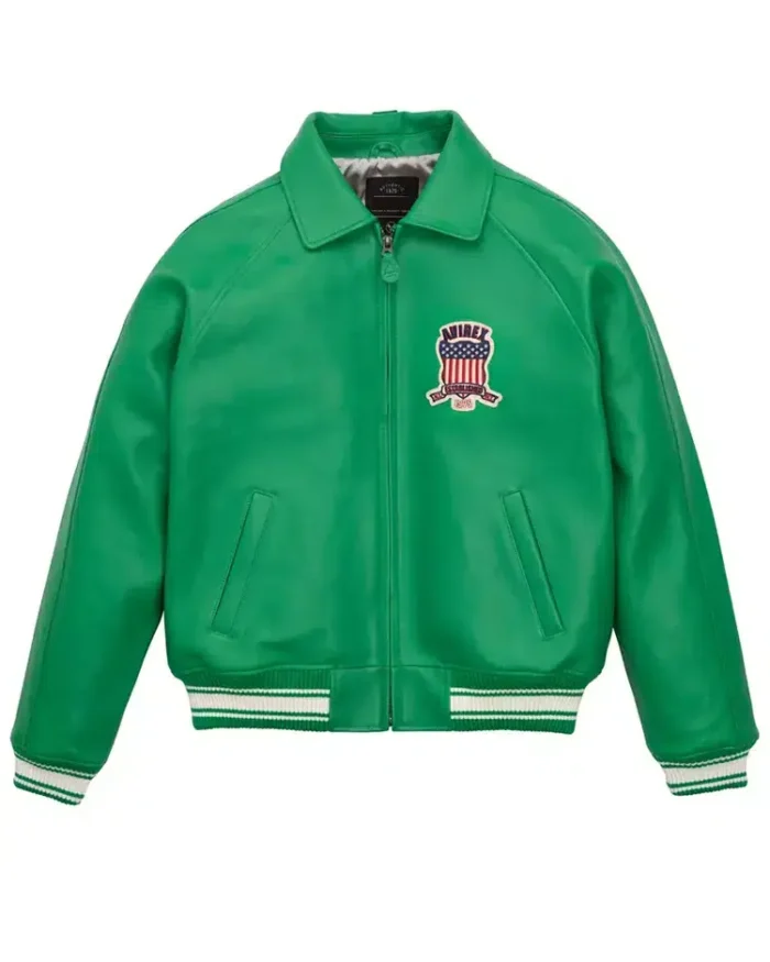 Avirex American Flight Basket Ball Bomber Leather Jackets Green Front