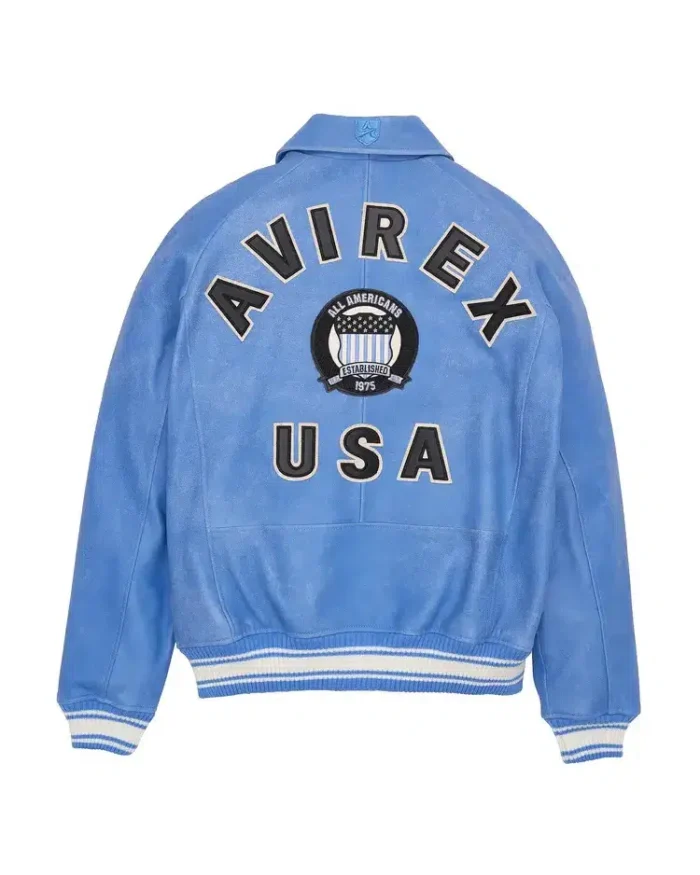 Avirex American Flight Basket Ball Bomber Leather Jackets Sky Blue Back