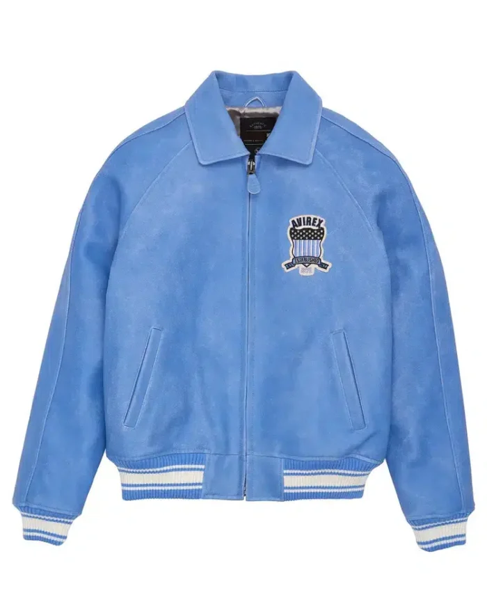 Avirex American Flight Basket Ball Bomber Leather Jackets Sky Blue Front