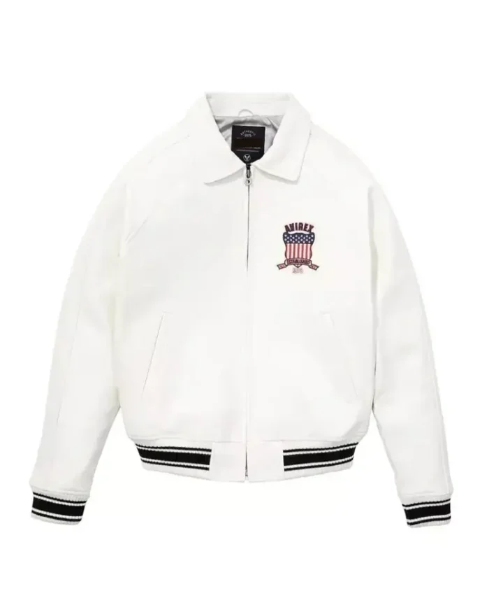 Avirex American Flight Basket Ball Bomber Leather Jackets White Front