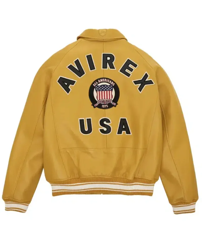 Avirex American Flight Basket Ball Bomber Leather Jackets Yellow Back