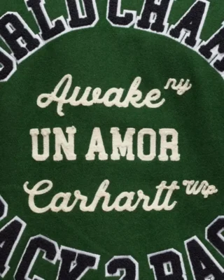 awake ny x carhartt wip teddy jacket green text