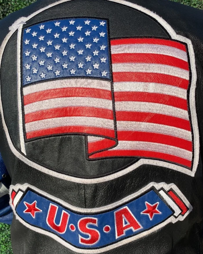 Black And Blue American Flag Usa Leather Bomber Jacket Back