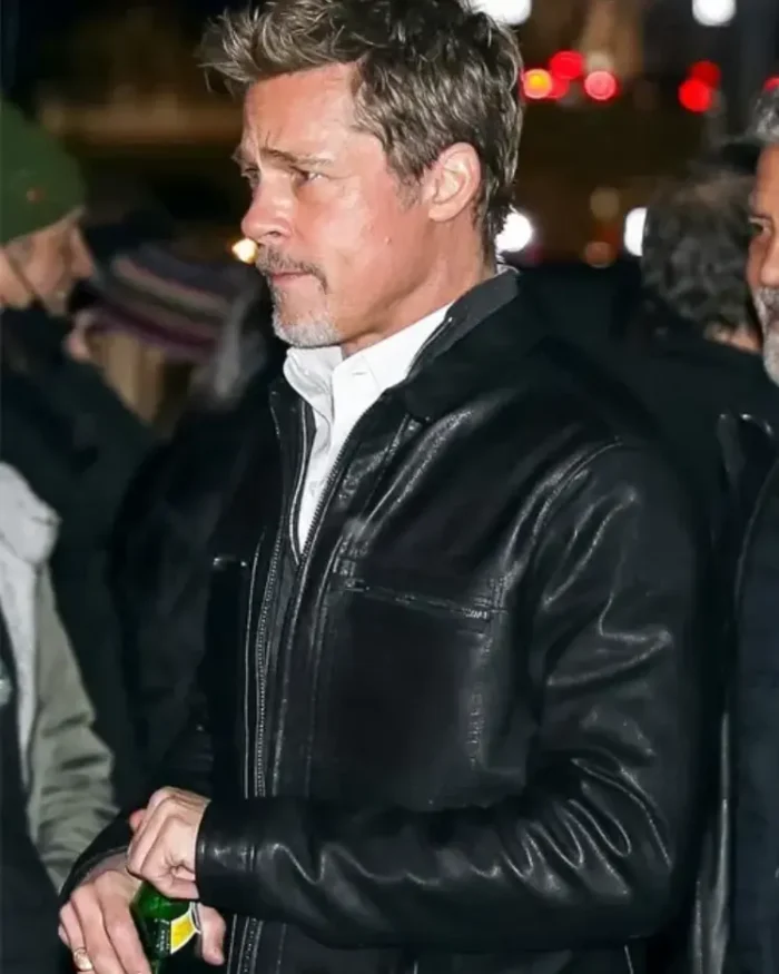 Brad Pitt Wolfs 2024 Movie Black Leather Jacket Front