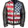 Mens Distressed 4Th Of July Usa Flag Genuine Leather Jackets Front Open