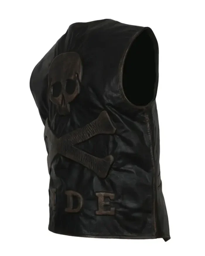 Skull And Crossbones Black Leather Biker Vest Logo View