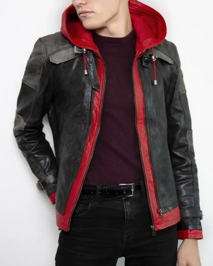 Mens Red Hooded Leather Jacket