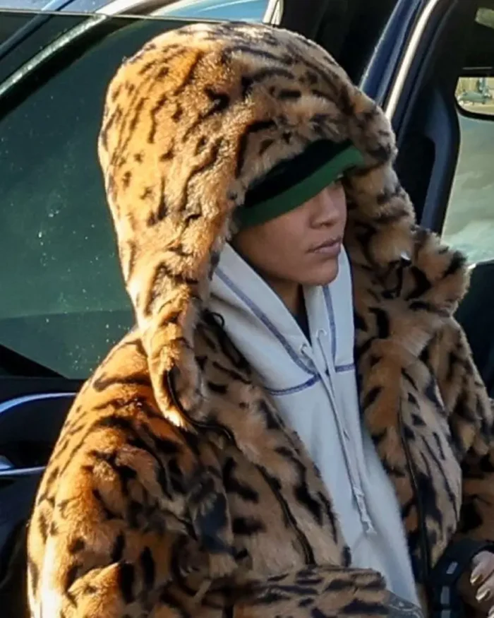 Rihanna Leopard Print Long Coat Hood Closeup