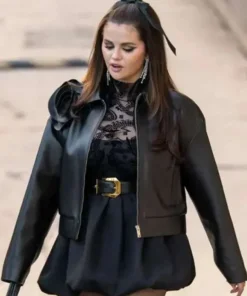 Shop Selena Gomez Black Rose Cropped Leather Jacket For Women On Sale