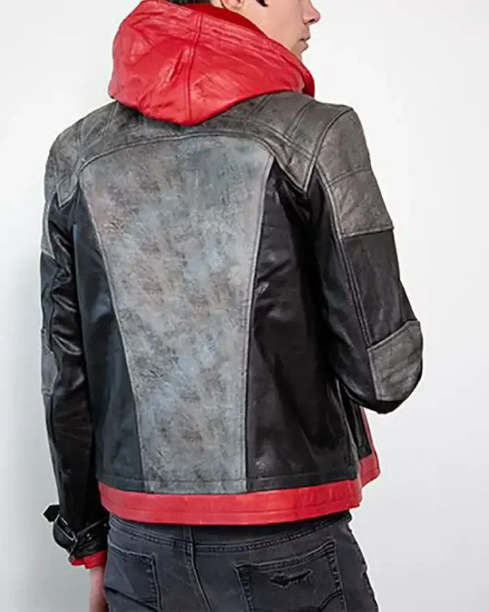 mens red hooded leather jacket back