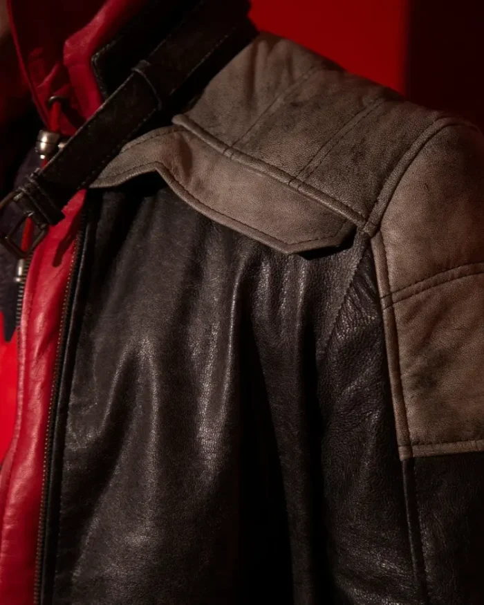 mens red hooded leather jacket closure