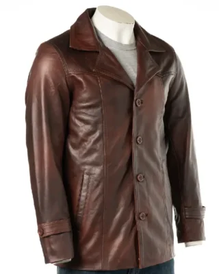 Brown Cow Hide Reefer Style Jacket front view