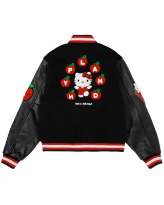 HELLO KITTY APPLES VARSITY JACKET Black back view