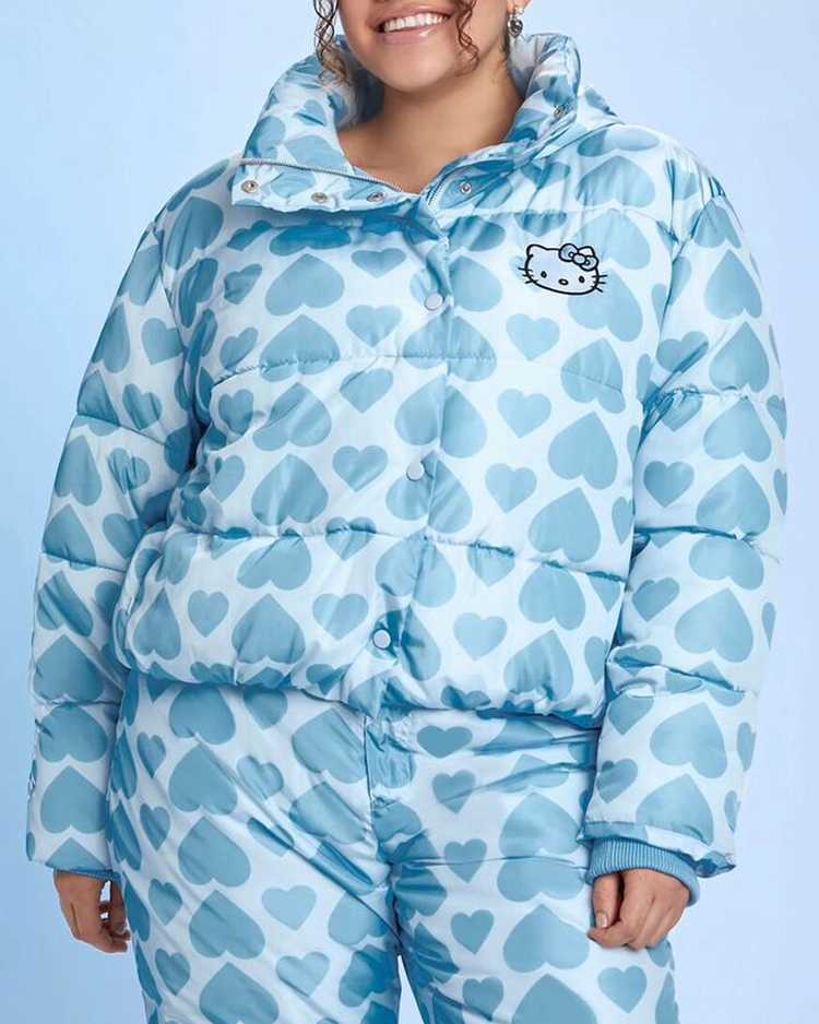 Hello Kitty Heart Print Plus Size Puffer Jacket Trendy Leather Jackets