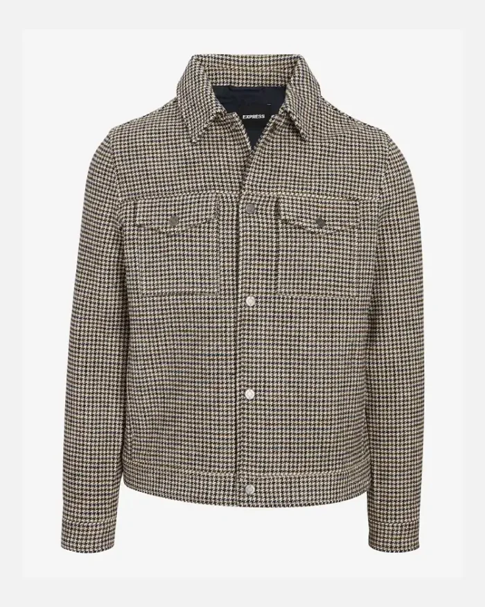 Houndstooth Wool Blend Trucker Jacket Font View