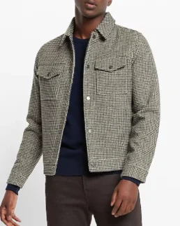 Houndstooth Wool Blend Trucker Jacket front