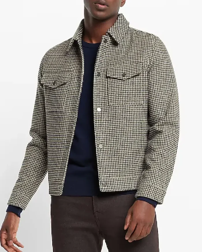 Houndstooth Wool Blend Trucker Jacket Front