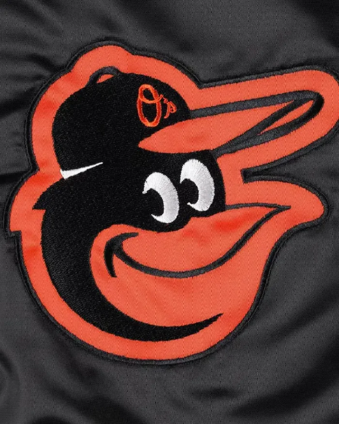 MLB Baltimore Orioles Starter Black Midfield Satin Varsity Jacket closeup