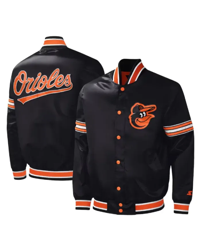 MLB Baltimore Orioles Starter Black Midfield Satin Varsity Jacket front andn back