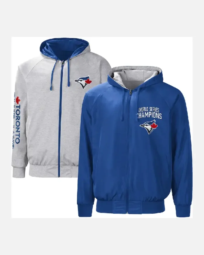 Mlb Carl Banks Toronto Blue Jays Southpaw Reversible Raglan Hoodie Jacket Blue And Grey