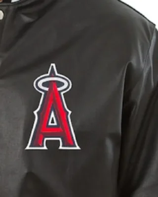 MLB Los Angeles Angels Black Leather Varsity Jacket closeup