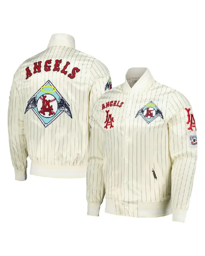 Mlb Los Angeles Angels Pro Standard Pinstripe Retro Classic Satin Jacket Front Anf Back