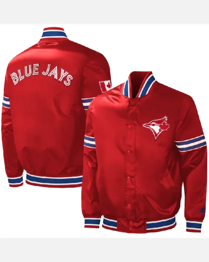 Mlb Red Toronto Blue Jays 2023 Canada Day Satin Varsity Jacket Front And Back