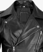 Men's Black Asymmetrical Motorcycle Leather Jacket Closeup