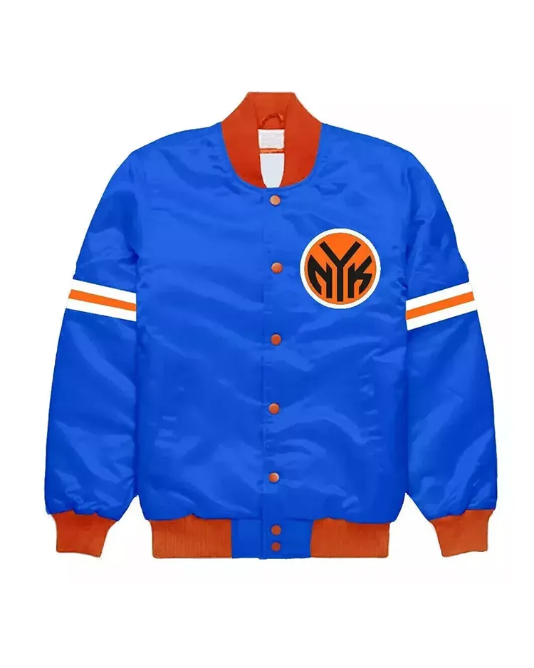 New York Knicks Striped Bomber Jacket Blue Front - Trendy Leather Jackets